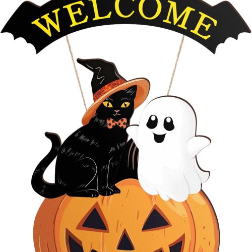 Halloween Wreath Door Sign Welcome Sign for Front Door, Halloween Decorations Black Cat Happy Halloween Sign Hanging Home Wall Decor Halloween Party Favors Outdoor Indoor Supplies