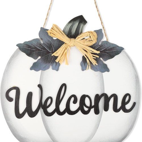 Fall Pumpkin Decoration Wooden Pumpkin Door Wreath for Front Door Sign Wall Signs, Thanksgiving Pumpkin Welcome Sign Hanging for Autumn Harvest Home Halloween Decoration (White Welcome)