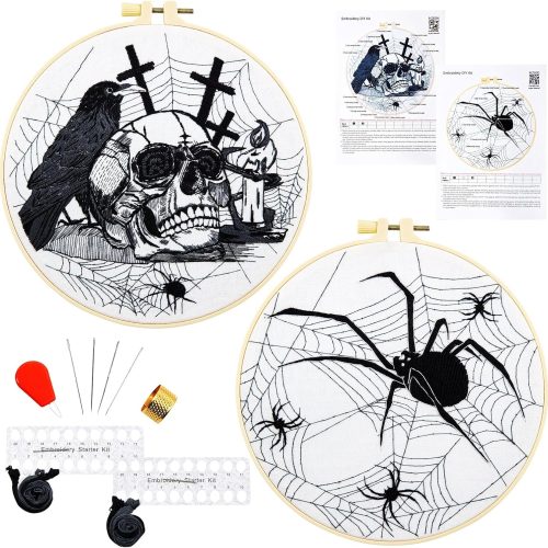 Dark Gothic Embroidery Kits for Beginners Adults, Halloween Hand Embroidery Needlepoint Kits, Skull Spider Stamped Cross Stitch Kits for Beginners Adults, 2 Embroidery Hoops (Attached Video Tutorial)