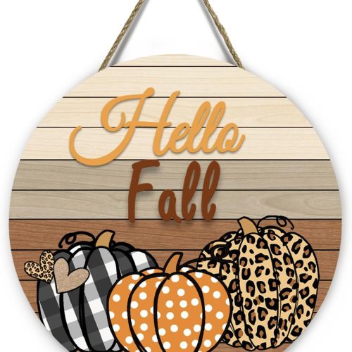 Hello Fall Pumpkin Wooden Door Signs Autumn Harvest Sign Front Door Decor Plaid Pumpkin Farmhouse Door Hanger Decorations for Home Front Door Wall Office Decor