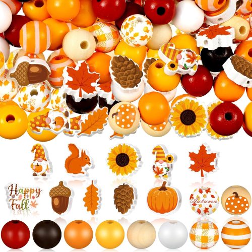 Buryeah 200 Pcs Fall Wooden Beads Thanksgiving Rustic Farmhouse Wood Beads Autumn Maple Leaves Pumpkin Plaid Round Charms for DIY Craft Making Bracelet Necklace Home Tiered Tray Decor