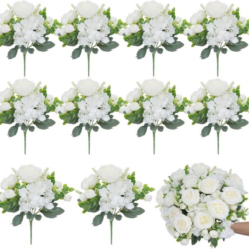 10 Bundles Artificial Peonies, Milky White Hydrangea Artificial Flowers Silk Flowers for Indoor Home Decor Bedroom Kitchen Office Wedding Table Centerpieces