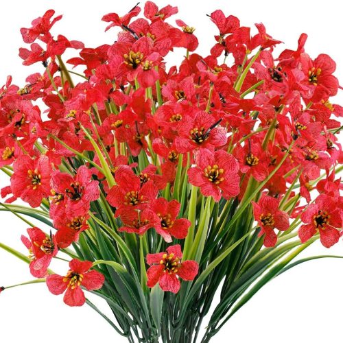 12 Bundles Artificial Flowers Outdoor UV Resistant Fake Flowers No Fade Faux Plants Garden Porch Window Box Decorating (Deep Red)