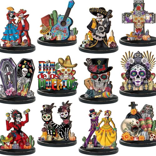 Wesiti 12 Pcs Day of The Dead Table Decorations Wooden Mexican Dia De Los Muertos Altar Centerpiece Halloween Sugar Skull Table Topper Decor Skeleton for Mexican Fiesta Tiered Tray Decor Party Favor