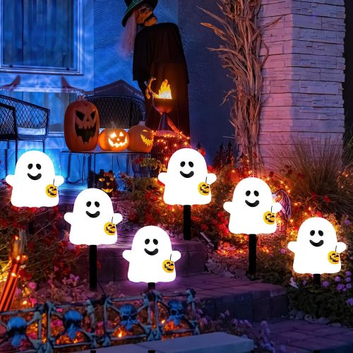 VIHOSE 12 Pcs Halloween Decorations Solar Ghosts Pathway Lights Outdoor Ghosts Stake Lights Solar Powered Garden Waterproof Lighted Halloween Decor for Yard Porch Lawn Walkway Garden Party Decor
