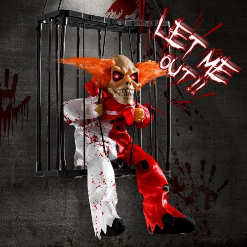 Screaming Halloween Decorations, Animated Halloween Decor,Clown Scary Skull Cage Prop with Motion Activated, Spooky Hanging Ghost Light Up Eyes for Haunted House Indoor Outdoor Decor