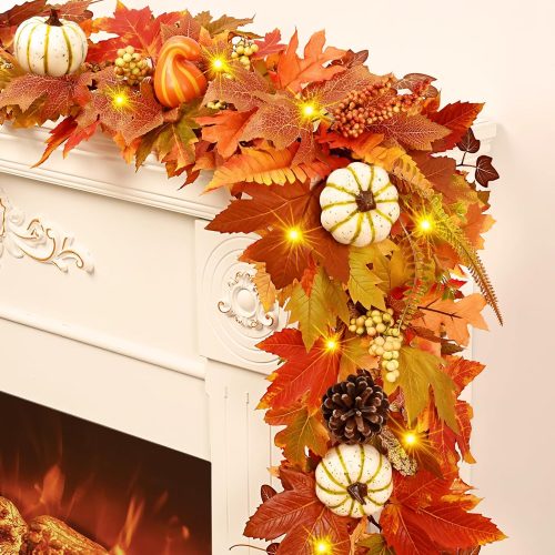 Fall Garland for Mantle, 5.9 Ft Fall Leaves Garland with Pumpkins Maple Leaves for Thanksgiving Home Table Outdoor Decor