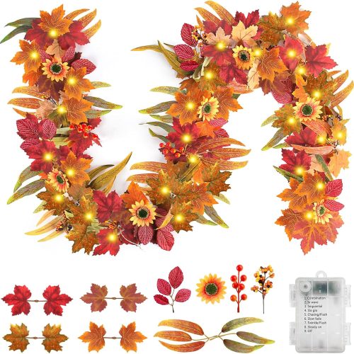 Fall Garland with Lights - 16.4 Ft/50 LED Lighted Sunflower Autumn Maple Leaves Garlands Decor with Timer, Fall Flower Garland for Home Indoor Mantle Fireplace Thanksgiving Harvest Party Door Decor