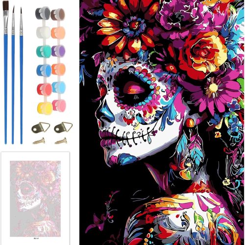 Skyboda Gothic Paint by Numbers Kit for Adults Beginners with Frame, Skull Women Adult Paint by Number Kits on Canvas, Easy DIY Oil Painting Kits for Home Decor, 8x12in