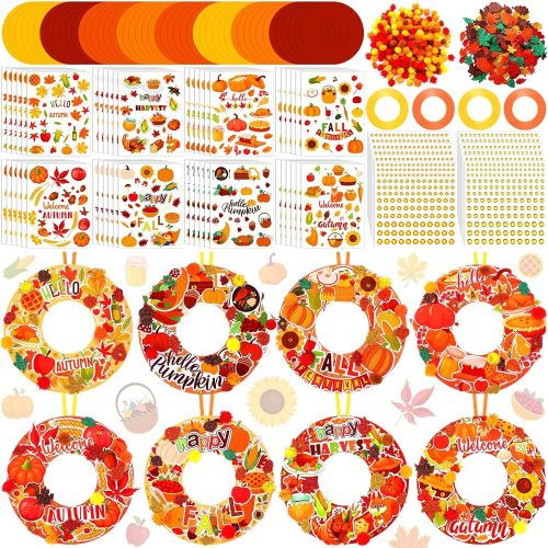 48 Sets Autumn Wreath Craft Kits for Kids DIY Pumpkin Wreath Hanging Ornaments Make Your Own Paper Fall Craft with Stickers for Autumn Pumpkin Home Party Favors School Classroom Activities