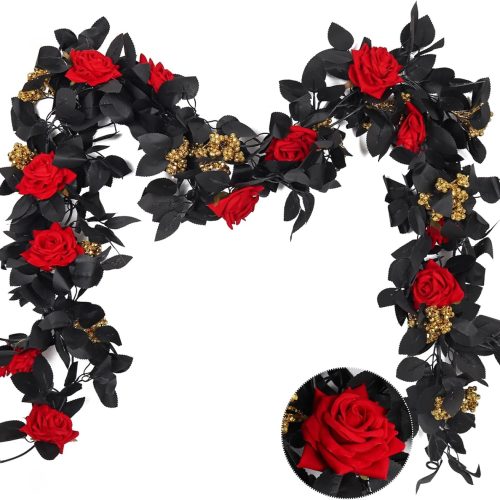RECUTMS Artificial Halloween Garlands 5.6FT Silk Red Roses Flower Vine Hanging Silk Floral Fall Leaf Wreath for Halloween Gothic Wedding Floral Table Centerpiece Arrangement Teepee Mirror Decor