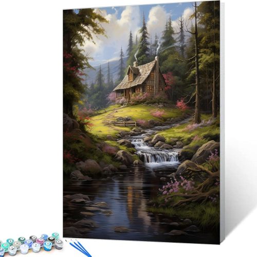 Paint by Numbers Cabin in the Forest DIY Painting On Canvas, Paintwork with Paintbrushes Acrylic Paints,Perfect for Paint by Numbers for Adults and Kids Students Beginner Without Framed 16''x20''