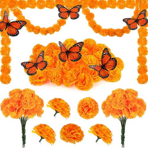 Hanaive 38 Pcs Day of The Dead Decorations Set 2 Artificial 4.9 ft Marigold Garlands, 30 Fake Marigold Flowers, 6 Monarch Butterfly Decorations for Diwali Dia De Los Muertos and Ofrenda(Orange)