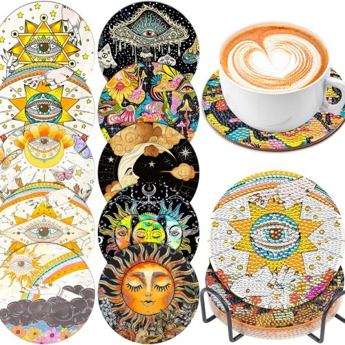10 Pcs Diamond Painting Coasters, Tarot Diamond Art Coasters with Holder, DIY Sun Moon Stars Crafts Kits for Beginners, Adults, Kids