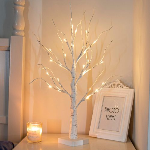 PEIDUO Artificial Tree for Easter Decorations, 2 FT Birch Tree with LED Lights, Warm White Fairy Lights Spirit Tree Lamp for Home Indoor Tabletop Christmas Decor Centerpiece, Battery Powered, Timer