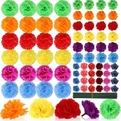 108 Pcs Marigold Flower Heads Bulk Day of The Dead Multicolor 1.2'' 2'' 3.5'' Silk Mexican Marigold Flowers with Stems DIY Garland Craft Supplies for Party Home Decor (Bright Color)