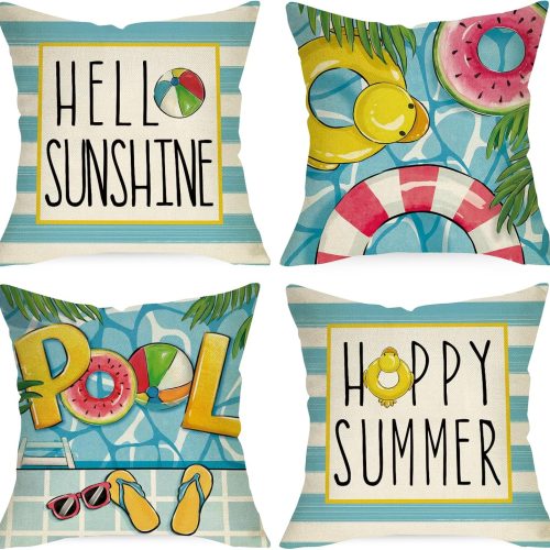 Hello Sunshine Pool Decorative Throw Pillow Covers 18x18 Set of 4, Happy Summer Duck Watermelon Swimming Ring Cushion Case Decor, Blue Stripes Flip Flops Seasonal Home Decoration for Sofa Couch
