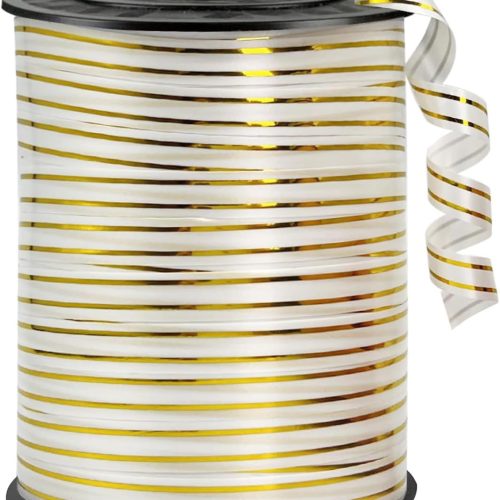 Shiny White and Gold Curling Ribbon - 219 Yards for Balloons, Crafts, Weddings & Floristry (1 Roll)