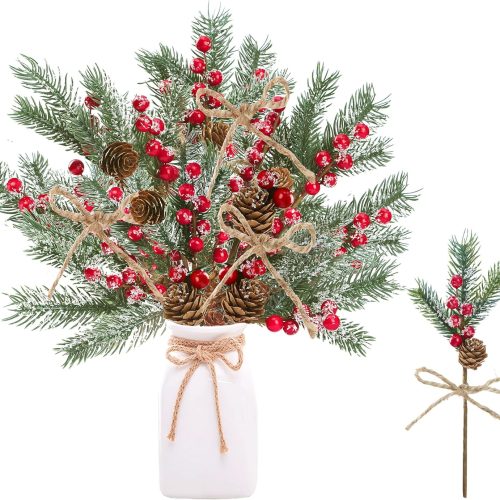 Sggvecsy 15 Pack Snow Frosted Christmas Berries Pine Picks Artificial Red Berry Pine Branches Frosted Faux Pine Stem with Pine Cones Fake Pine Needles for Xmas Tree Wreath DIY Craft Holiday Decor