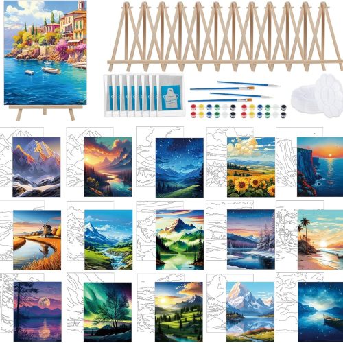 Tenceur 16 Sets Pre Drawn Canvas to Paint for Sip and Paint Party, 8 x 10 Inch Preprinted Framed Pre Sketched Coloring Canvas with Easels and Brushes for Adults Kids Party Supplies(Landscape)