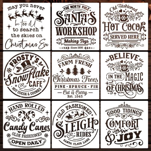 Christmas Stencils for Painting on Wood 12" Large Christmas Stencils for Crafts Reusable Santa Hot Coca Candy Cane Holiday Stencil Drawing Templates for Wood Fabrics Porch Hanger Winter Decor