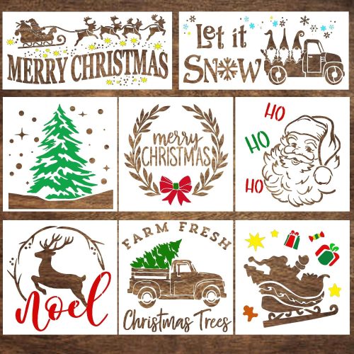 Christmas Stencils for Painting on Wood - Merry Christmas Stencils for Crafts Reusable for Signs, Windows, Canvas, Doormats, Cards Fabric - Includes Gnome, Snowflakes, Santa, Christmas Trees