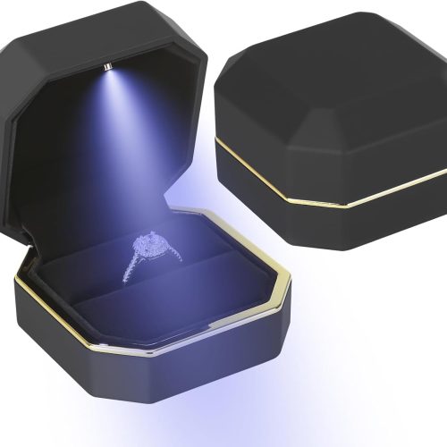 Luxury LED Jewelry Ring Box, Velvet Ring Gift Box Storage Case Organizer Holder for Proposal Engagement Wedding Anniversary Birthday Ceremony (Black)