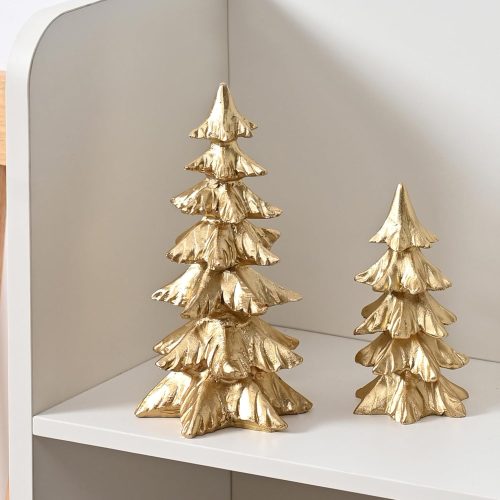 1 Gold Christmas Tree Figurines, Small Resin Christmas Trees Home Decor, Tabletop Tree Set of 2, Decorative Xmas Trees for Christmas Decorations Indoor Mantle Centerpieces