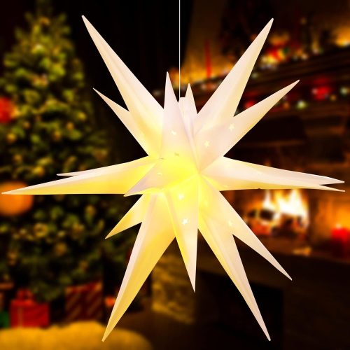 1 Kingdder 23 Inch Large Christmas White Moravian Star Outdoor Light 3D LED Moravian Tree Topper Top Light 18 Point Hanging Star with Timer Function Porch Xmas Ornament Decoration for Outdoor Indoor