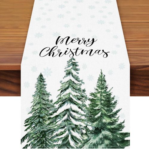 1 72 x 13 Inch Merry Christmas Table Runner - Snowflakes and Pine Trees Pattern for Holiday, Home, Kitchen, Mantel, Dining Table Decor, Winter Xmas Party Supplies