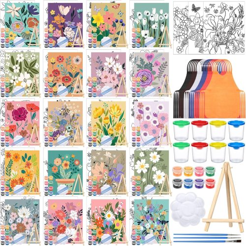 1 Sherr 140 Pcs 20 Set Pre Drawn Canvas Kit for Painting Craft Sip and Paint Kit for Adults Pre Printed Canvas Painting Favor for Virtual DIY Birthday Gifts Adult's Date Party(Flower)