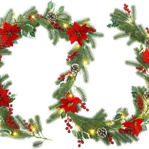 1 ATDAWN 9 FT Christmas Garland with Lights, Battery Operated Christmas Garland, Garland with Red Berry, Pine Cone and Poinsettia for Indoor Home Winter Holiday New Year Xmas Decorations