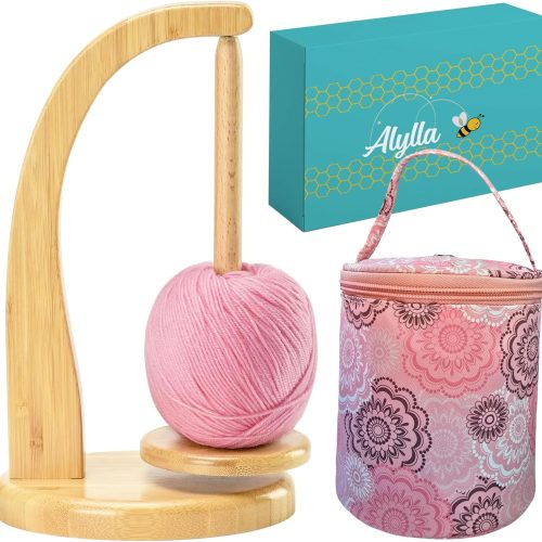 1 Alylla Wooden Yarn Holder and Spinner, Crochet Organizer for Balls, Skeins and Spindles, Craft Caddy with Storage Bag for Accessories
