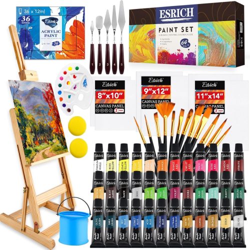 1 ESRICH Acrylic Paint Set, 64PCS Painting Supplies with Wooden Easel, Brushes, 36 Colors Acrylic Paint, Canvases, Palette, Paints Knives Etc, Painting Kit for Adults, Students, Hobbyists, Beginners