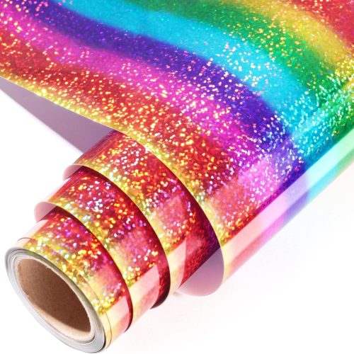 1 GIRAFVINYL Rainbow Holographic Heat Transfer Vinyl, Rainbow Iron on Vinyl 12" x 8ft Stripe Multi Holographic HTV Vinyl for T-Shirt and Other Fabric