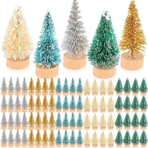 1 Crowye 100 Pcs Mini Christmas Tree Artificial Sisal Trees with Wood Base Tabletop Bottle Brush Trees for Home Decor Christmas Party Table Craft Decorations(Multiple Colors)