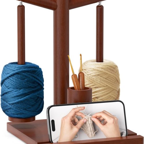 1 HangerSpace Wooden Yarn Holder for Crocheting and Knitting, Upgraded Magnetic Rotating Yarn Spinner with 2 Spindles, Perfect for Crocheting and Knitting Lovers