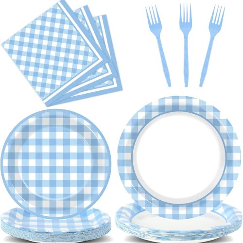 1 100PCS Checkered Plates and Napkins Blue and White Gingham Party Supplies Checkered Plaid Tableware Set Party Decor Favors for BBQ Gathering Picnic Carnival Baby Shower Birthday Dinnerware Serves 25