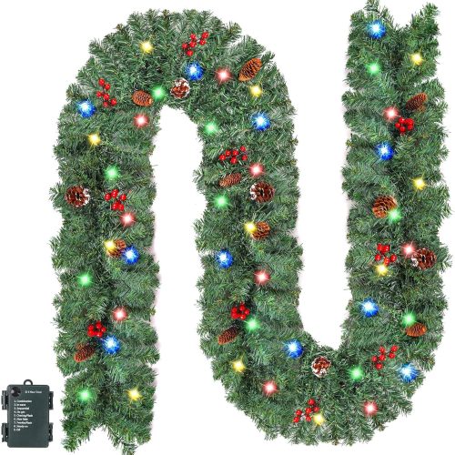 1 CCINEE 9FT Prelit Artificial Christmas Garland, Xmas Garland Battery Operated with 50 LED Lights Lighted Christmas Garland with Pine Cones and Red Berry for Indoor Outdoor Holiday Decoration