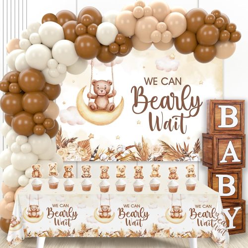 1 Teddy Bear Baby Shower Decorations - Baby Boxes with Letters,Boho Balloons,We Can Bearly Wait Backdrop,Cake Topper,Tablecloth for Baby Shower,Gender Reveal Party Supplies