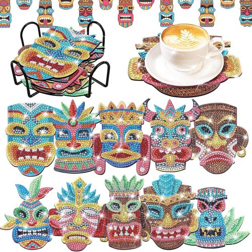 1 YLOLUL 10 Pcs Summer Tiki Shaped Diamond Art Coasters Kits DIY Hawaii Diamond Dots Art Coasters with Holder Christmas Crafts for Adults Kids Aloha Party Supplies Luau Party Decoration