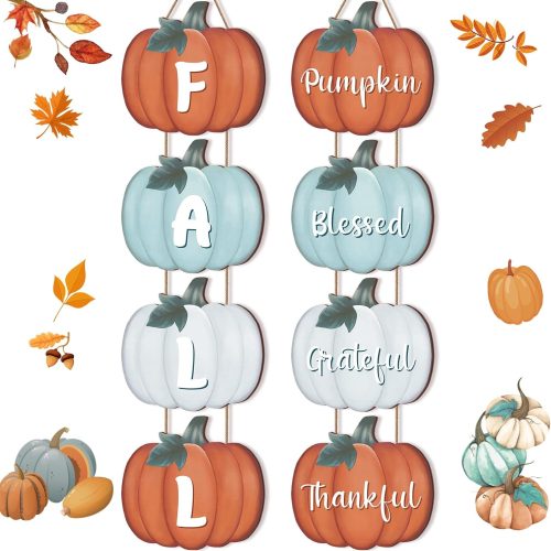 1 Pinkunn 2 Pcs Thanksgiving Decor for Home Fall Hanging Signs Rustic Wooden Pumpkin Plaque Decorative Farmhouse Hanging Sign Autumn Porch Decoration for Harvest Front Door Home(Retro Color)