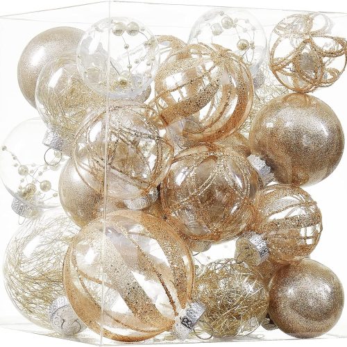 1 Clear Christmas Ball Ornaments,24ct Shatterproof Plastic Decorative Christmas Ornaments Hanging Xmas Tree Baubles Set with Stuffed Delicate Glittering Decorations for Holiday Party Decor (Champagne)