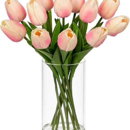 12 Pcs Artificial Real Touch Tulips Flowers in Glass Vase with Faux Water, Tulips Fake Arrangements Pink Tulip with Vase for Dining Table Home Decor Wedding Centerpieces