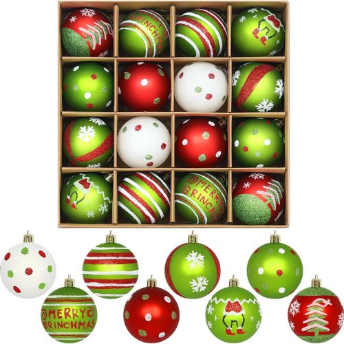 1 Set of 16 Christmas Tree Ornaments Decorations Balls 2.36'', Red and Green Glittery Christmas Hanging Balls Tree Decor Ornaments Indoor Decorations Shatterproof, Xmas Home Holiday Decor Presents