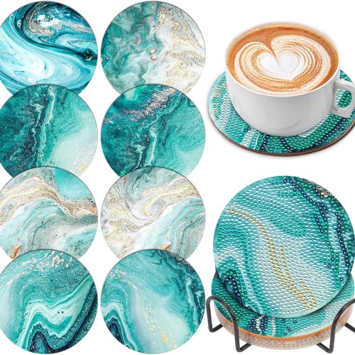 1 8 Pcs Ocean Diamond Art Painting Coasters with Holder, DIY Ocean Diamond Crafts Coasters for Adults, Diamond Art Painting Kits for Women, Beginners, Diamond Craft Supplies