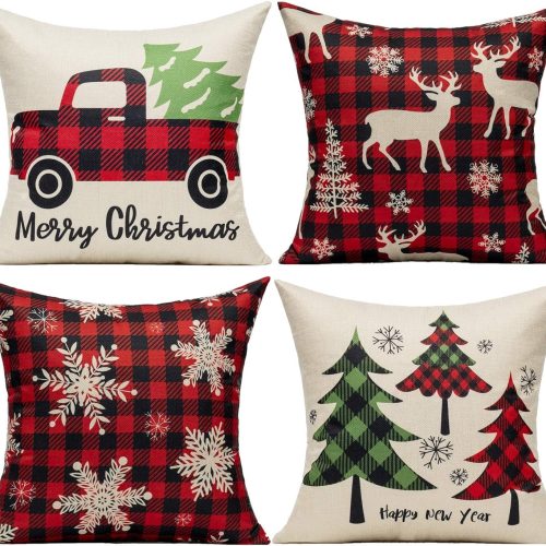 1 VAKADO Christmas Throw Pillow Covers Decorations Outdoor 18x18 Set of 4 Farmhouse Buffalo Check Xmas Red Deer Cushion Cases Winter Living Room Snow Holiday Home Decor for Couch Porch Indoor Navidad