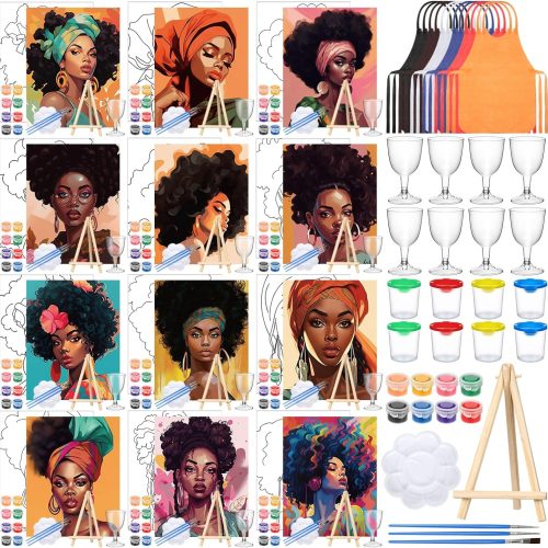 1 Sherr 96 Pcs 12 Sets Pre Drawn Canvas Kit for Painting Craft Sip and Paint Kit for Adults Pre Printed Canvas Painting Favor for DIY Birthday Gifts Adult's Date Party, 8 x 10 Inches(Lady)