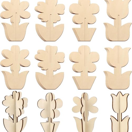 1 COCHIE DIY 3D Flower Spring Wood Crafts to Paint for Kids Adults, Paintable Unfinished Wooden Slices for Craft, Flowers Cutouts Ornaments for Painting Decorations (24 PCS)