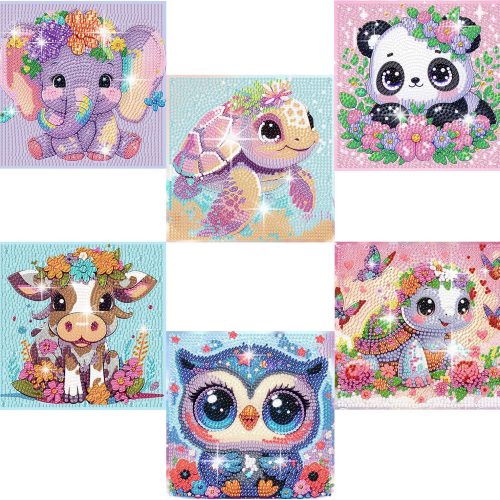 1 6 Pack 5D Cartoon Diamond Painting Kits for Beginners, Cute Animals DIY Diamond Art Kit, Full Round Drill Big Gem Art, Home Wall Decoration 6X6 inch